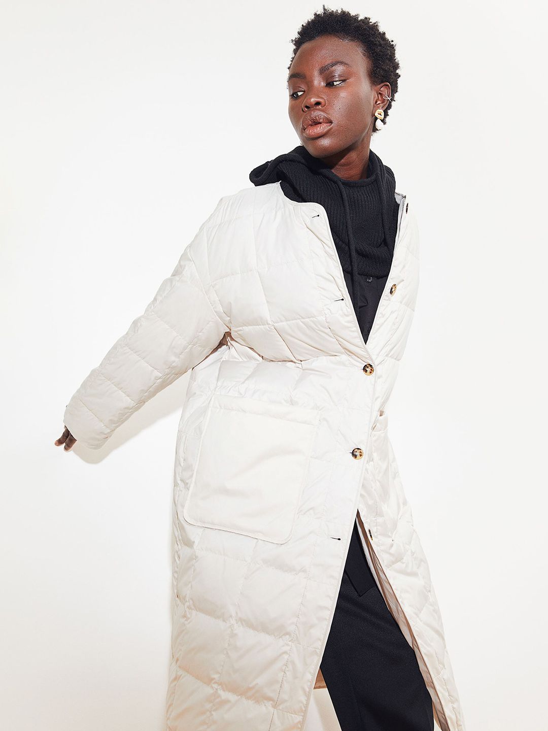 H&M Women White Solid Quilted Down Jacket Price in India