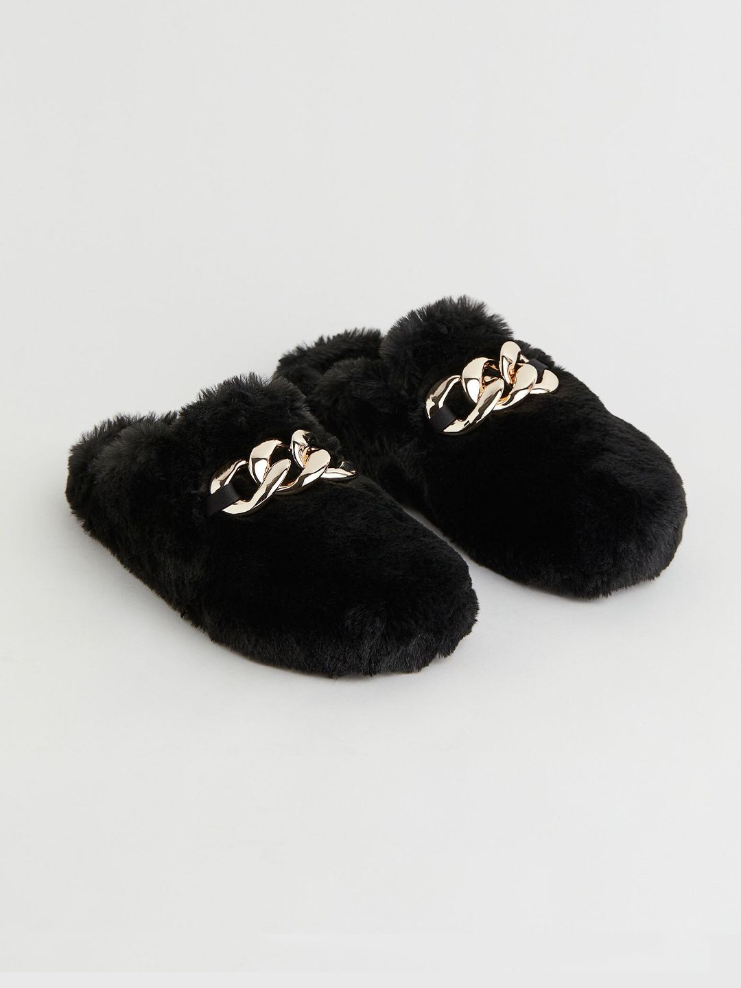 H&M Women Black Faux Fur Slippers Price in India