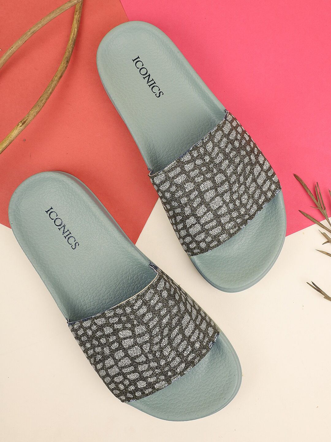 ICONICS Women Olive Green & Grey Printed Sliders Price in India