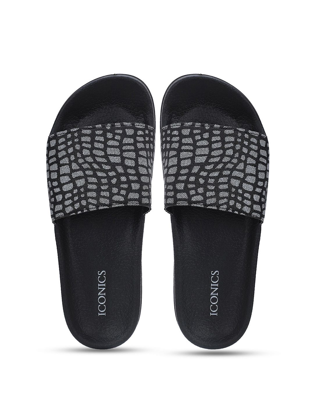 ICONICS Women Black & Grey Printed Sliders Price in India