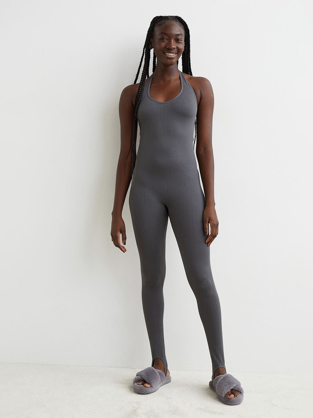 H&M Women Grey Self Design Fitted Halterneck Jumpsuit with Foot Straps Price in India