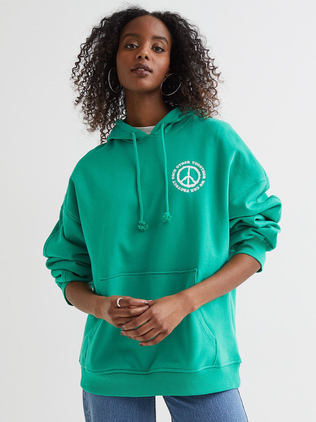 H&M Women Green & White Printed Oversized Hoodie Price in India