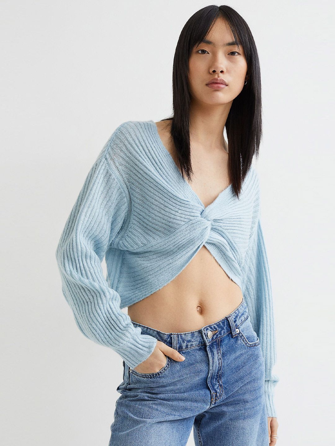 H&M Women Blue Solid Knot-Detail Knitted Jumper Price in India