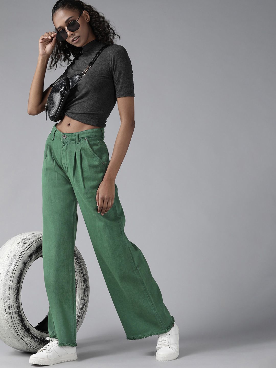 The Roadster Lifestyle Co Women Green Pure Cotton Wide Leg Jeans Price in India