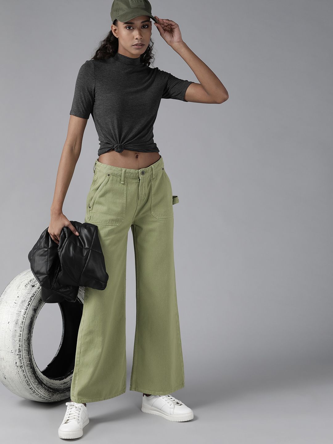 The Roadster Lifestyle Co Women Olive Green Pure Cotton Wide Leg Jeans Price in India