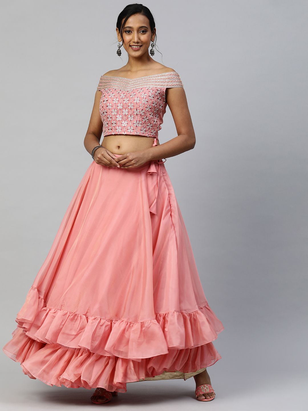 flaher Pink & Peach-Coloured Embroidered Zardozi Ready to Wear Lehenga & Choli Price in India