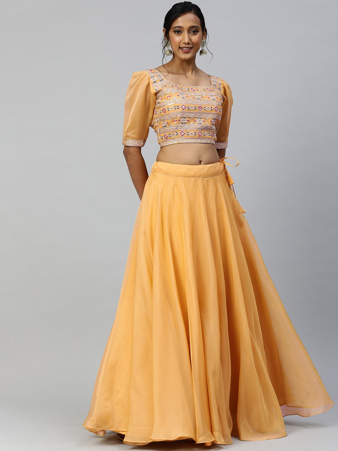 flaher Mustard Yellow Embroidered Ready to Wear Fusion Lehenga Choli Price in India