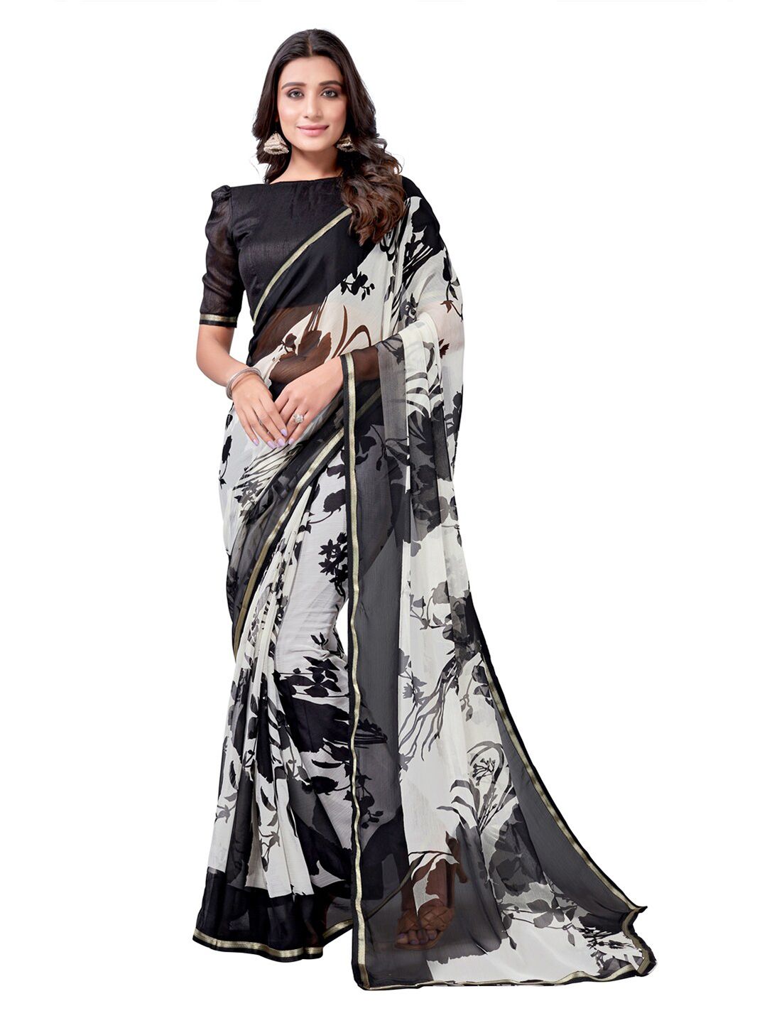 KALINI White & Black Floral Zari Pure Chiffon Saree