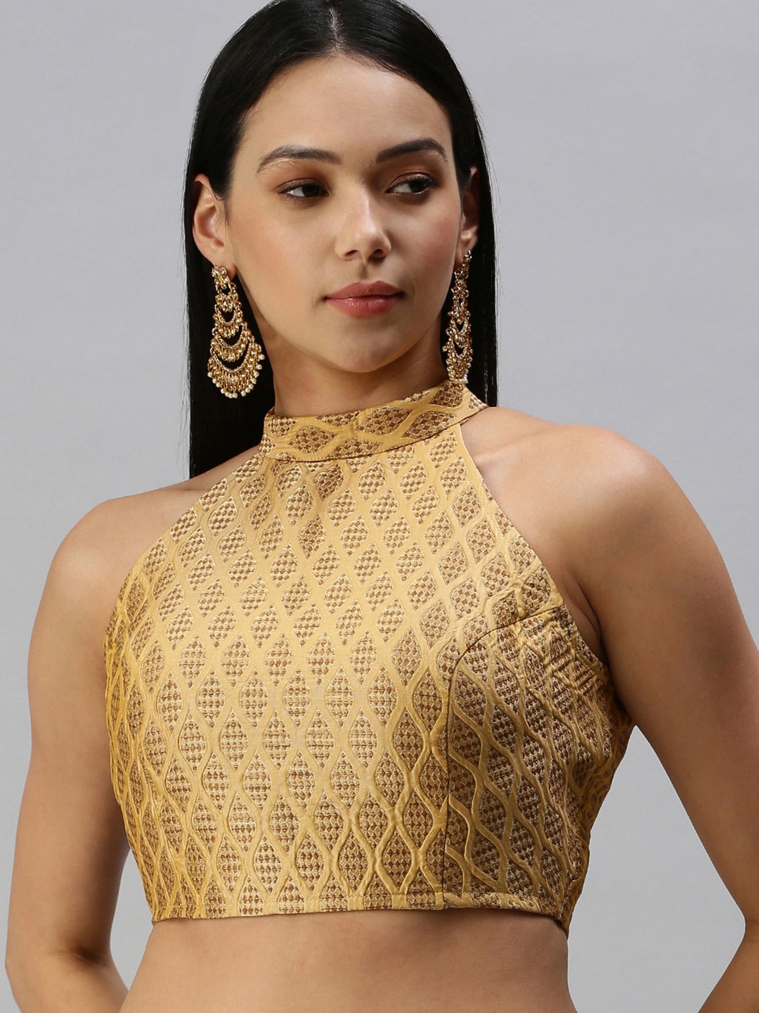 flaher Women Beige & Golden Woven Design  Jacquard Padded Blouse Price in India