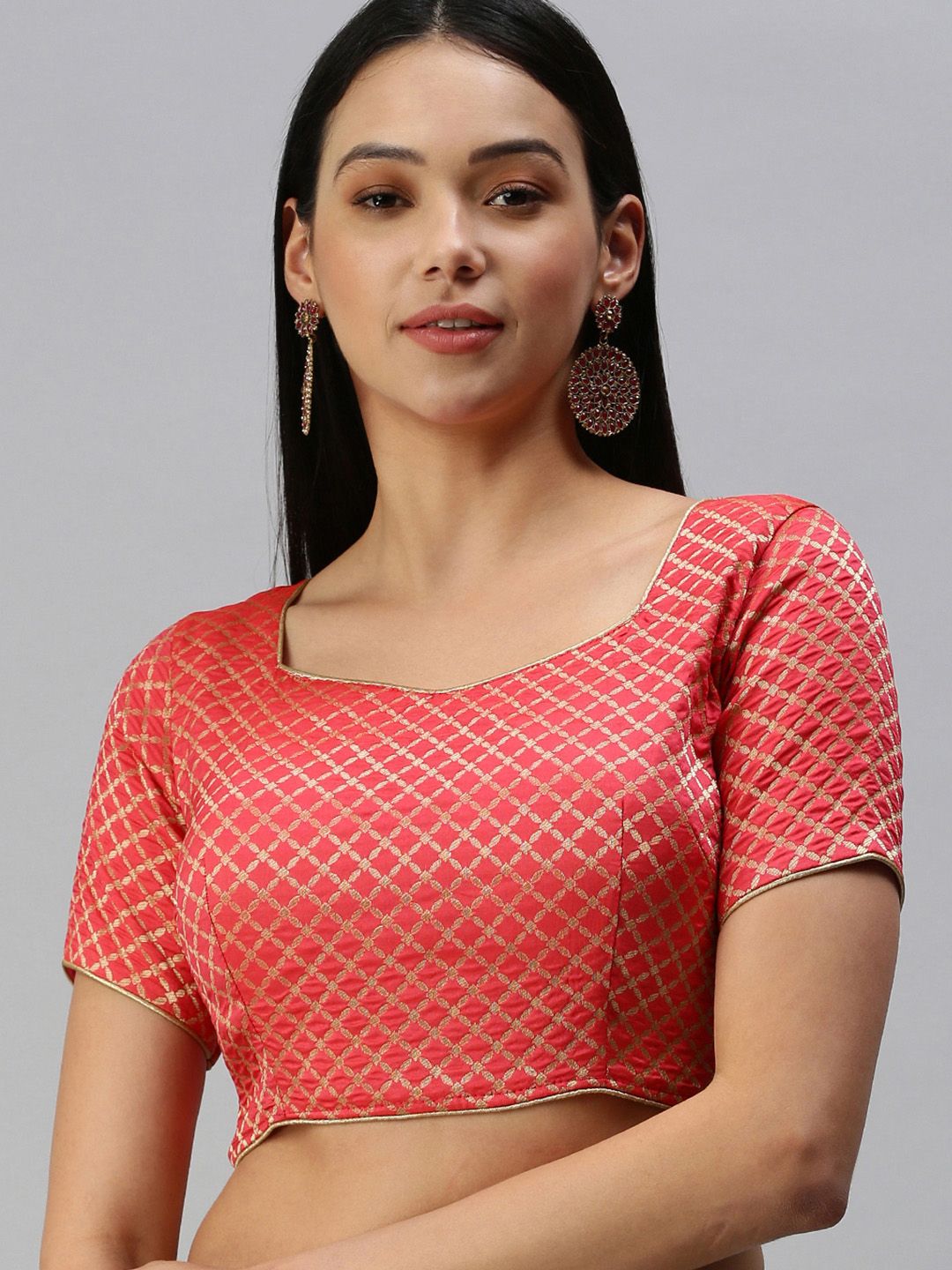 flaher Women Coral & Golden Woven Design Jacquard Padded Blouse Price in India