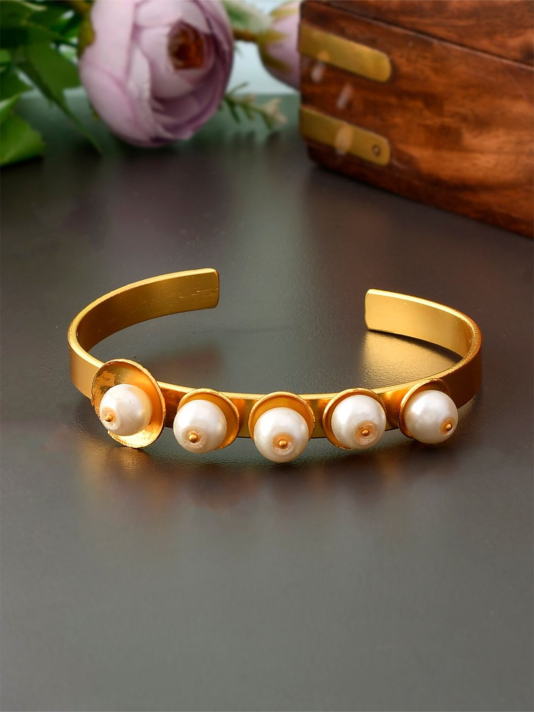 Silvermerc Designs Women Gold-Plated White Brass Pearls Cuff Bracelet Price in India