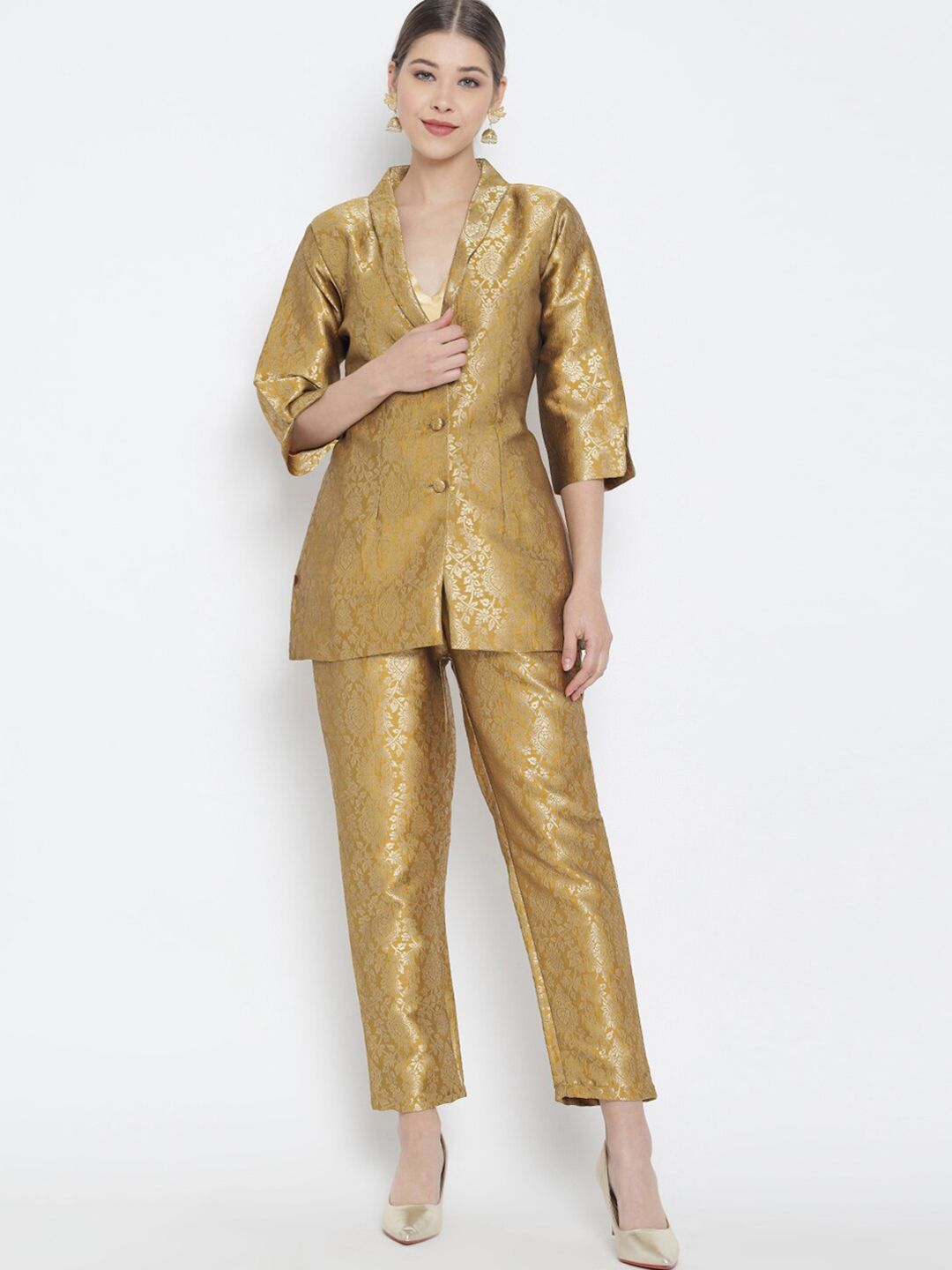 RAISIN Women Gold-Toned Brocade Blazer with Trousers Price in India