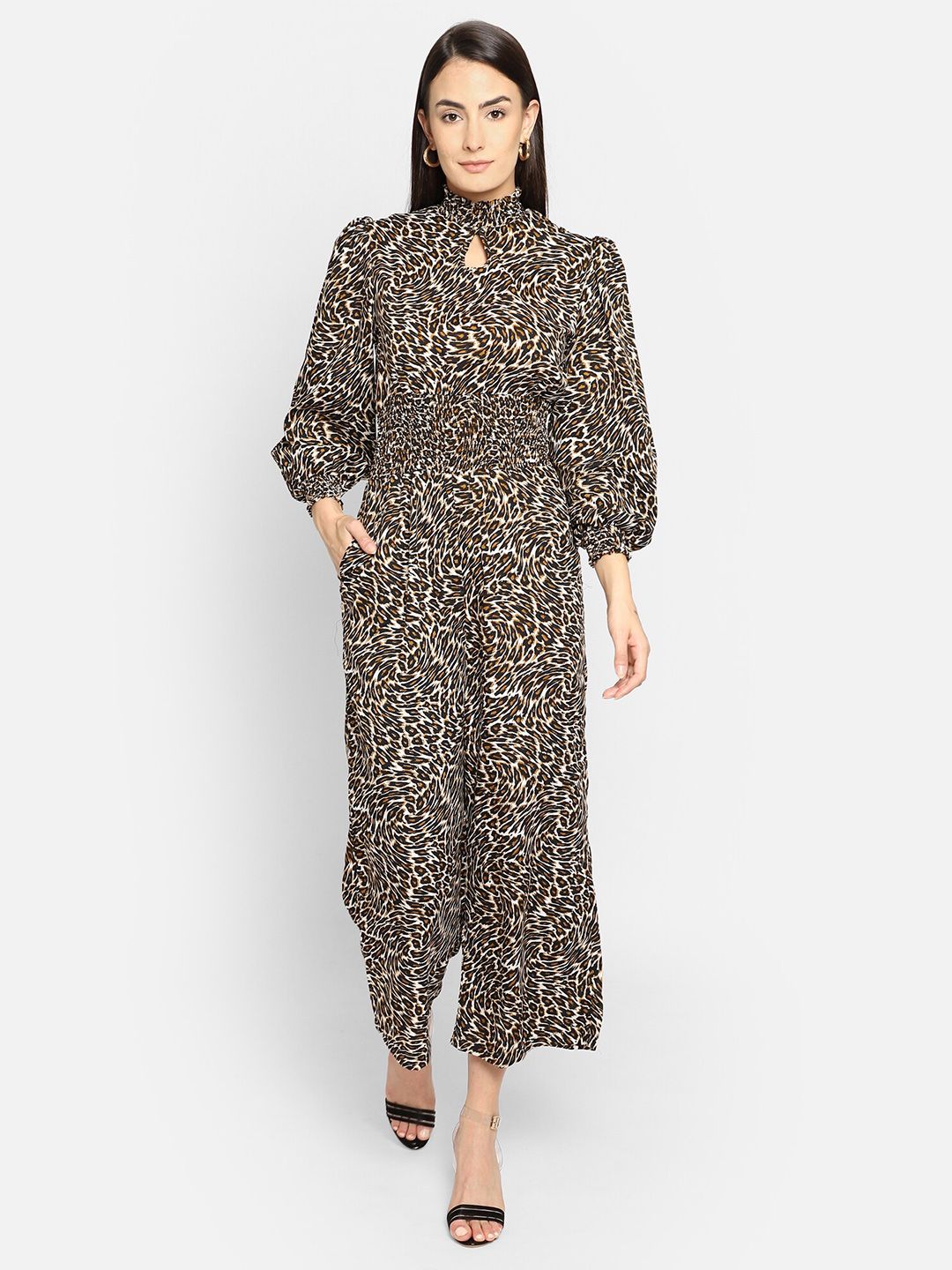 emeros Tan & Black Leopard Printed Keyhole Neck Smocking-Detail Basic Jumpsuit Price in India