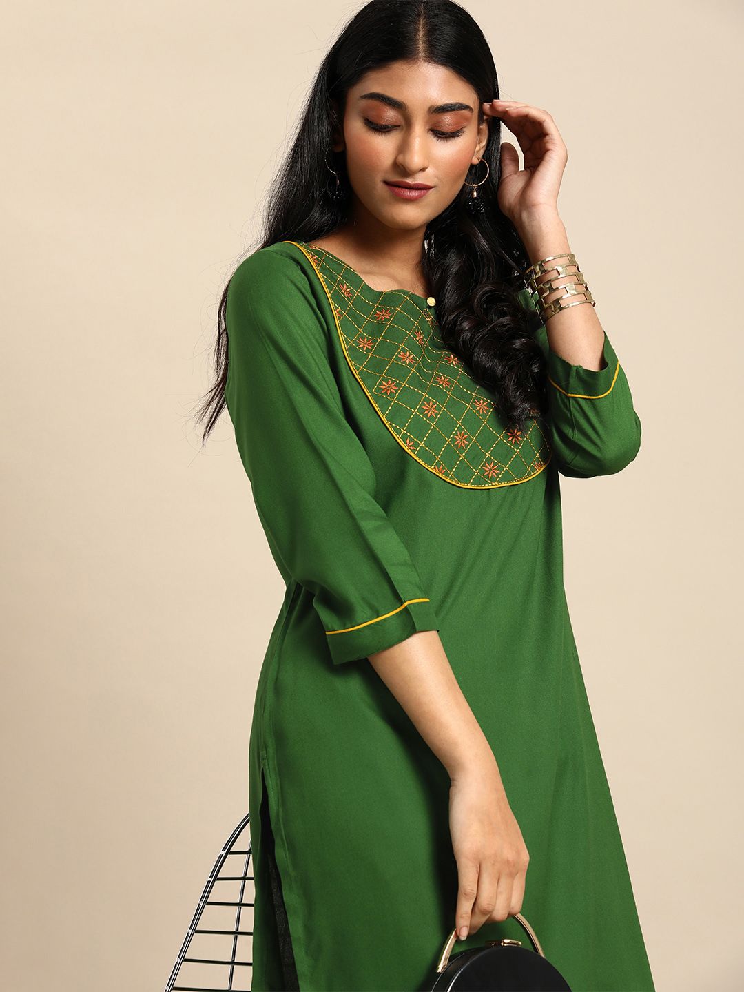 all about you Women Green Ethnic Motifs Yoke Design Keyhole Neck Straight Kurta Price in India