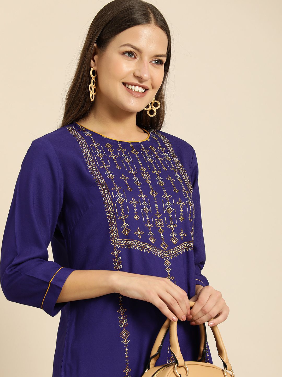 all about you Women Blue & Yellow Ethnic Motifs Printed Kurta Price in India