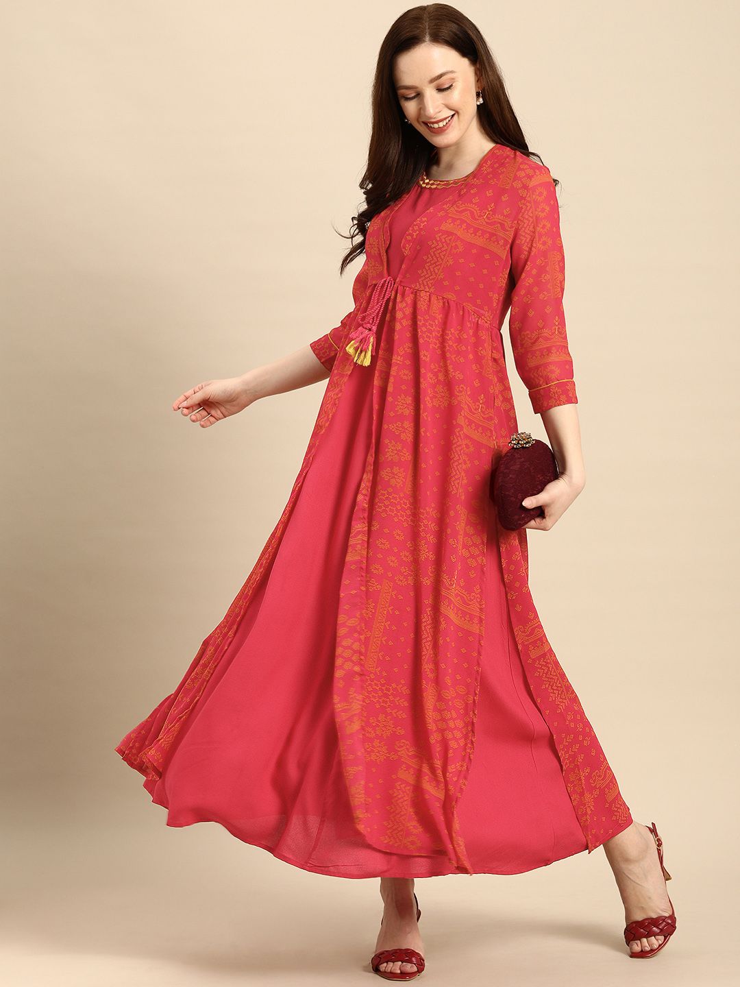 all about you Coral Red Maxi Dress with Ankle Length Jacket Price in India