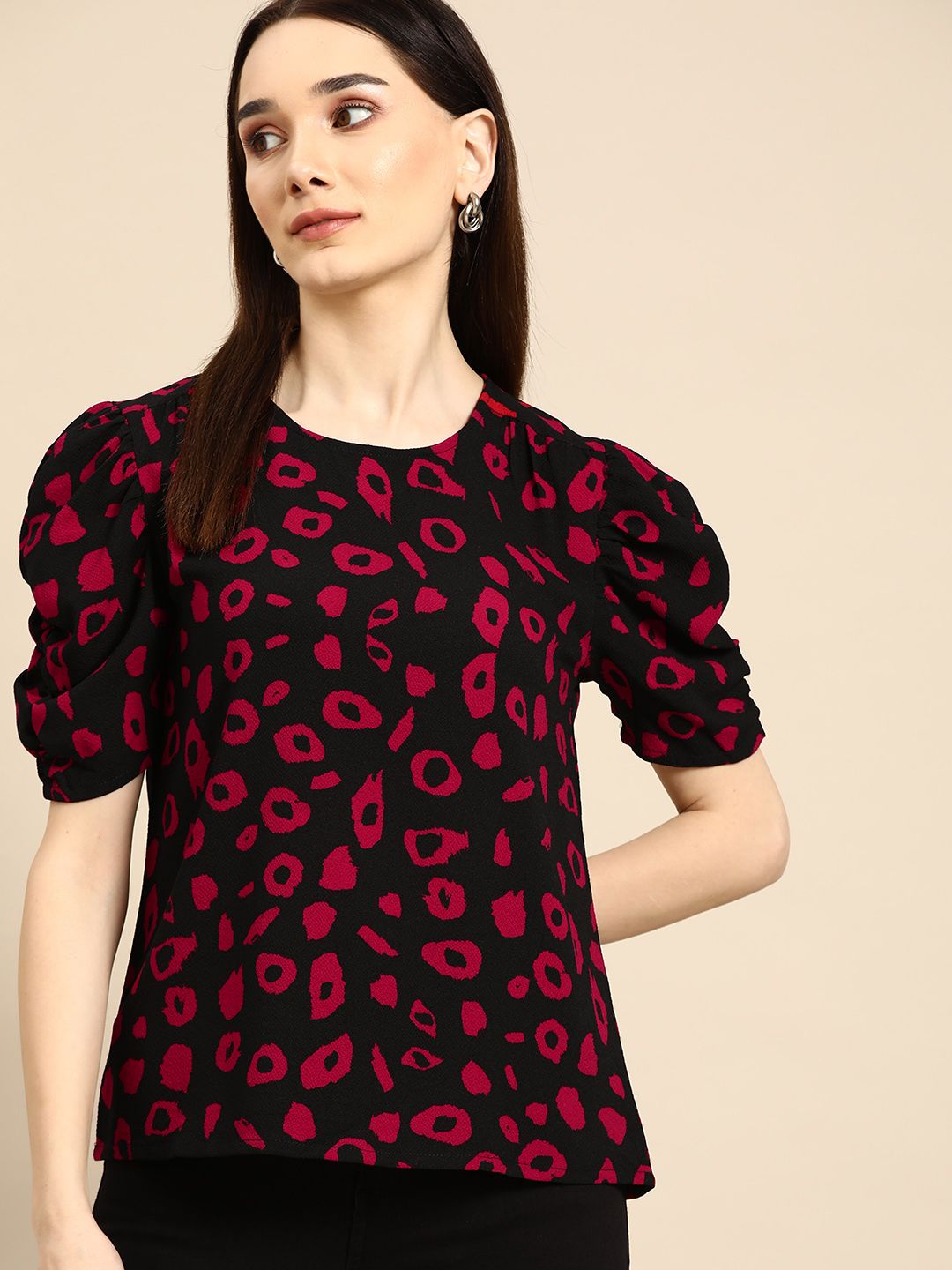 all about you Black & Pink Abstract Printed Top Price in India