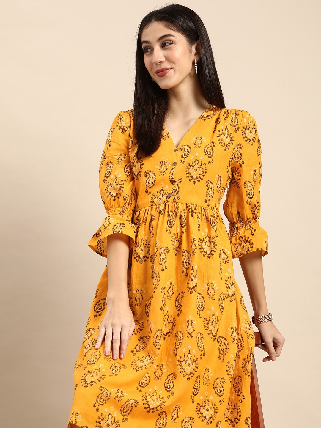all about you Yellow Paisley Print Ethnic Style Fit & Flare Dress Price in India