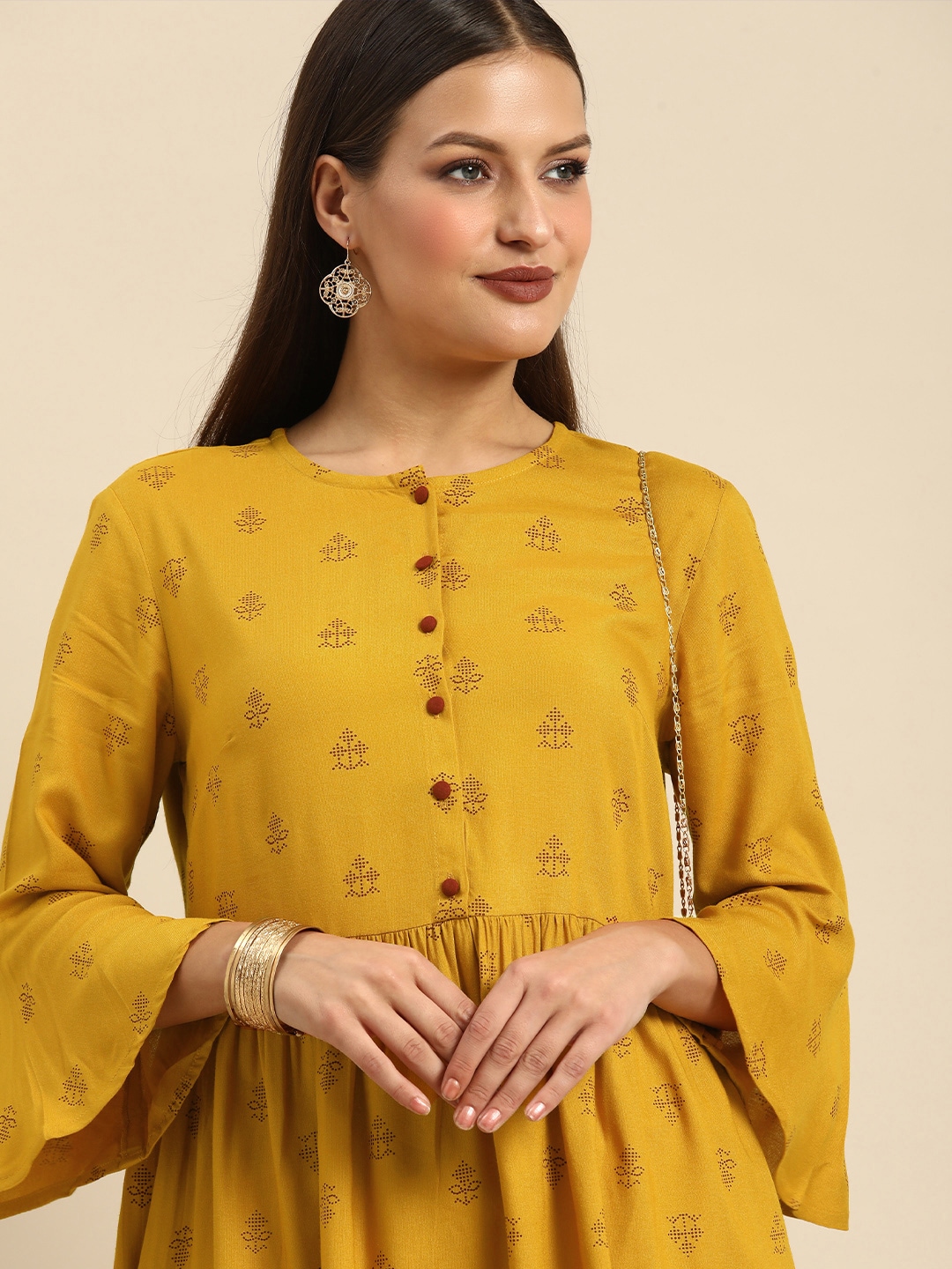 all about you Mustard Yellow & Maroon Ethnic Motifs Printed Pleated Kurti Price in India