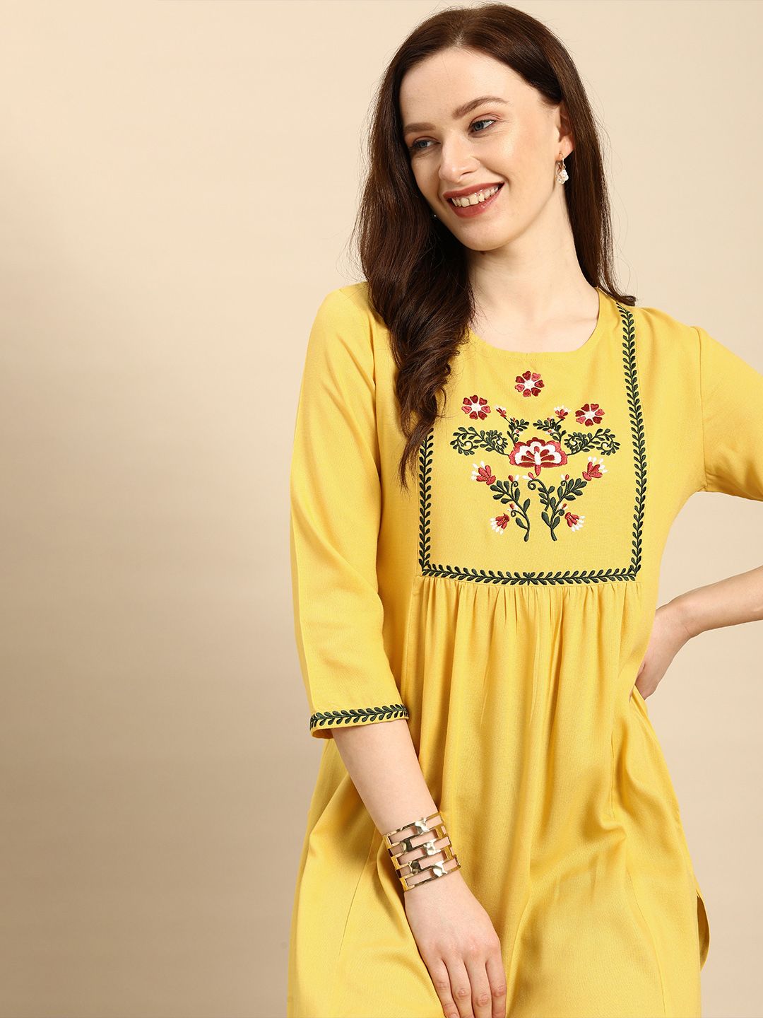 all about you Women Yellow & Green Embroidered Kurta