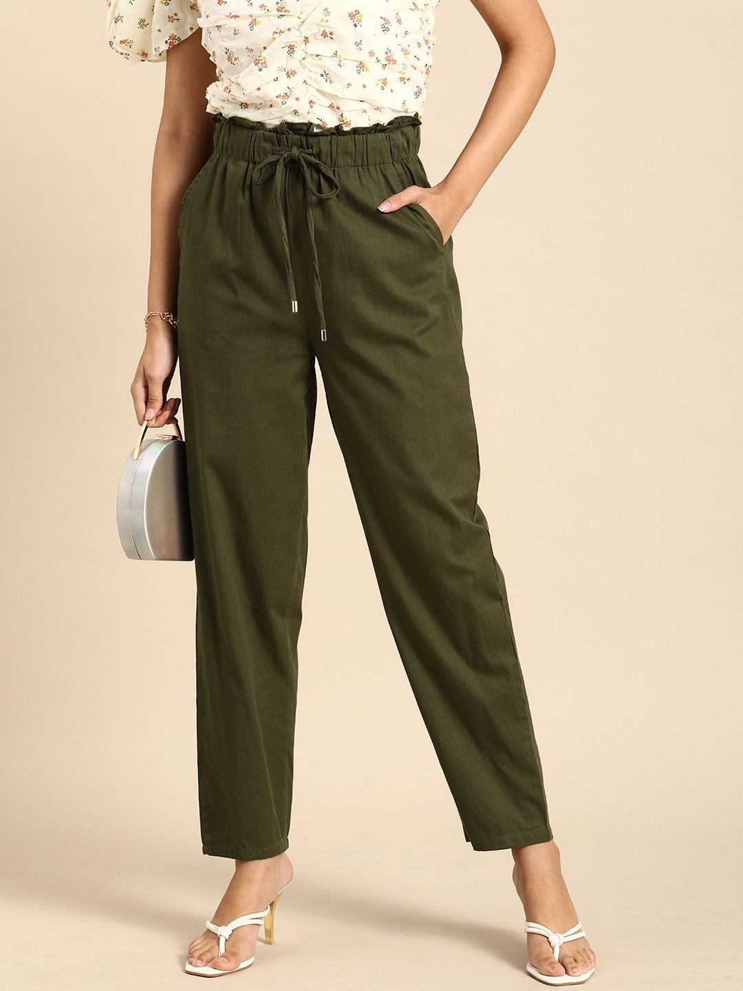 all about you Women Green Solid High-Rise Pure Cotton Trousers Price in India