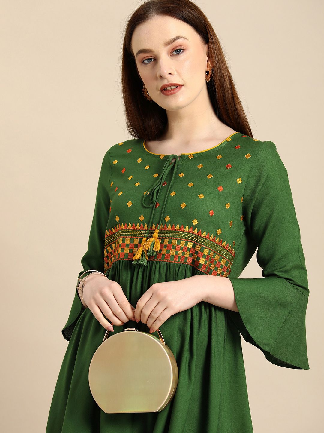 all about you Women Green Geometric Yoke Design Bell Sleeves Thread Work Anarkali Kurta Price in India