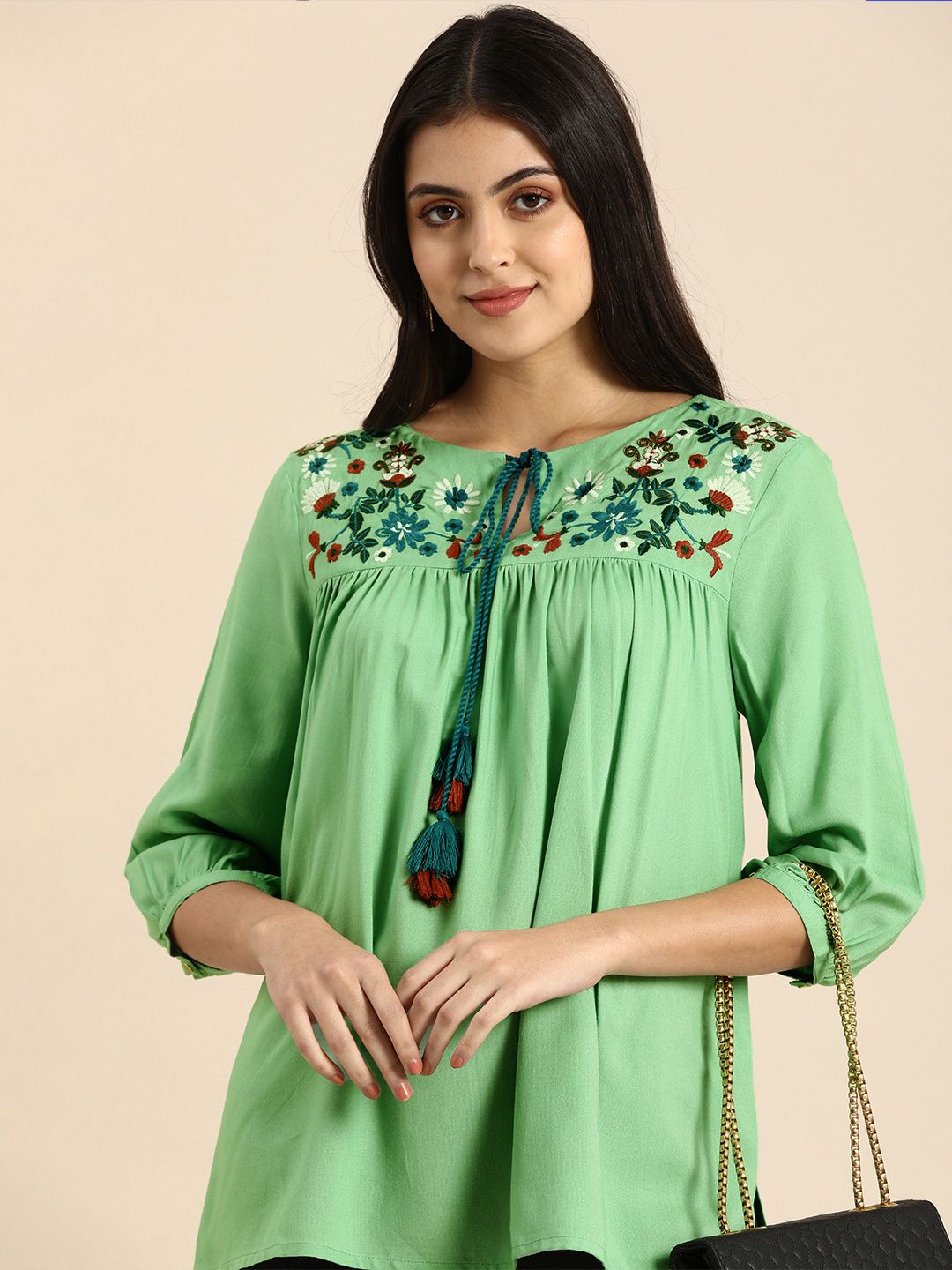 all about you Women Green & Multicoloured Embroidered Tie-Up Neck Top