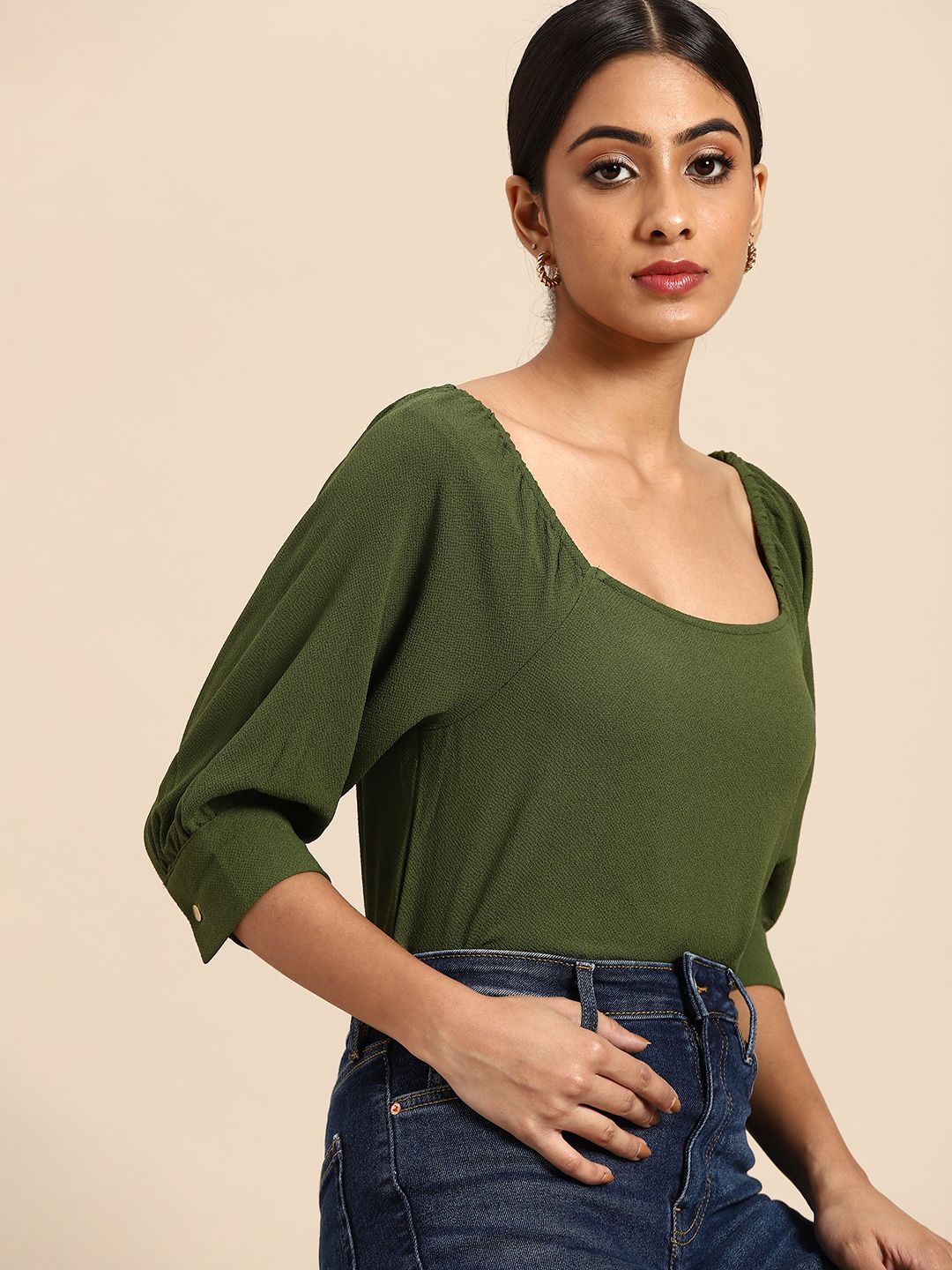 all about you Olive Green Square Neck Top Price in India