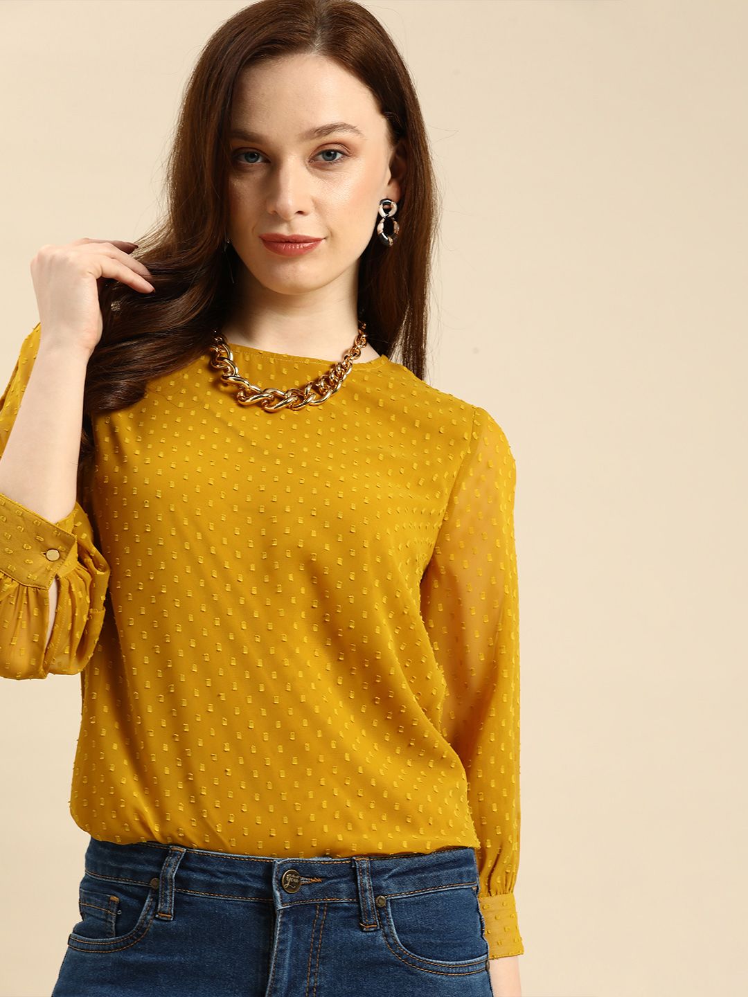 all about you Mustard Yellow Self-Design Round Neck Top