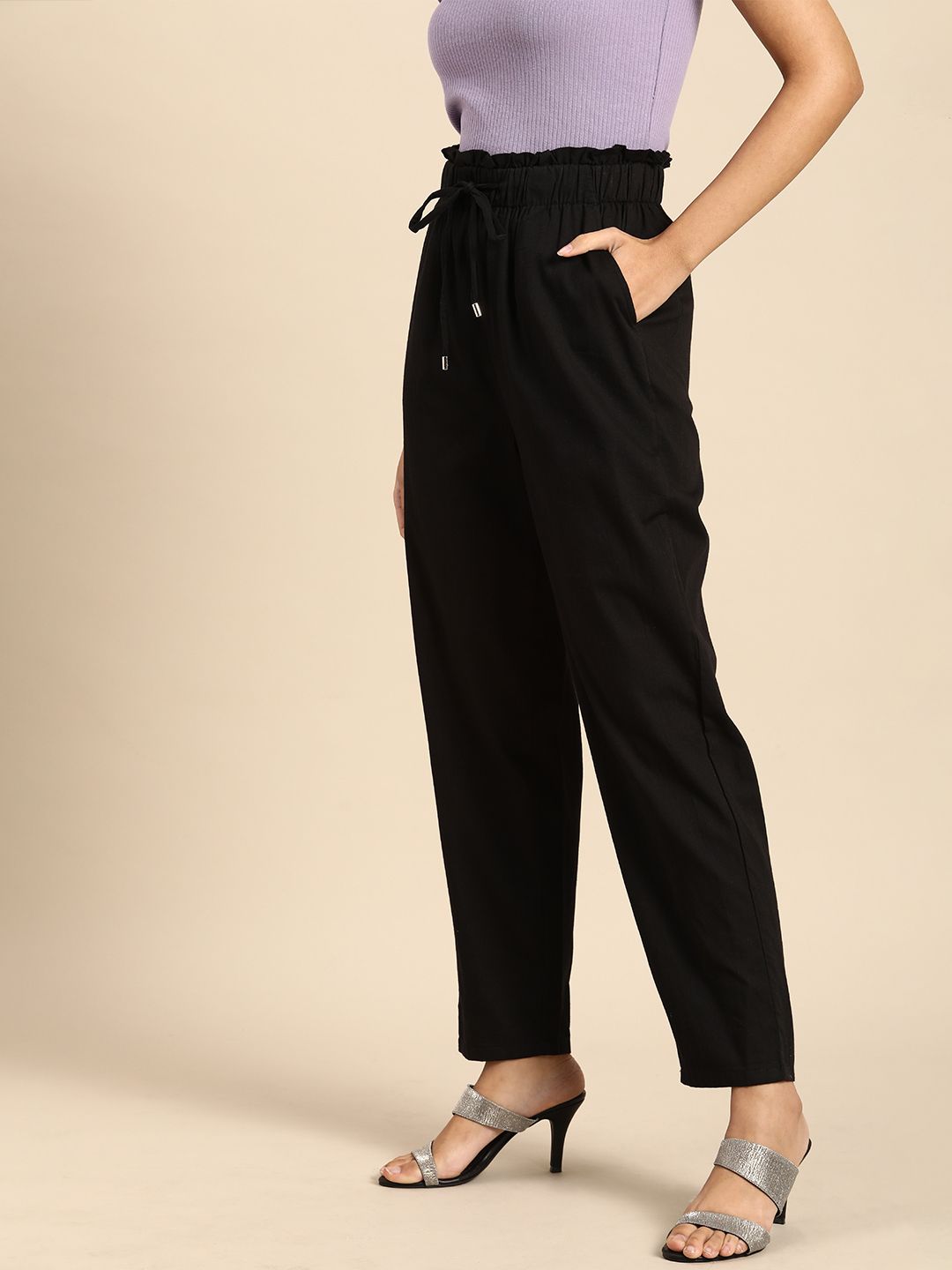 all about you Women Black Solid High-Rise Pure Cotton Trousers Price in India
