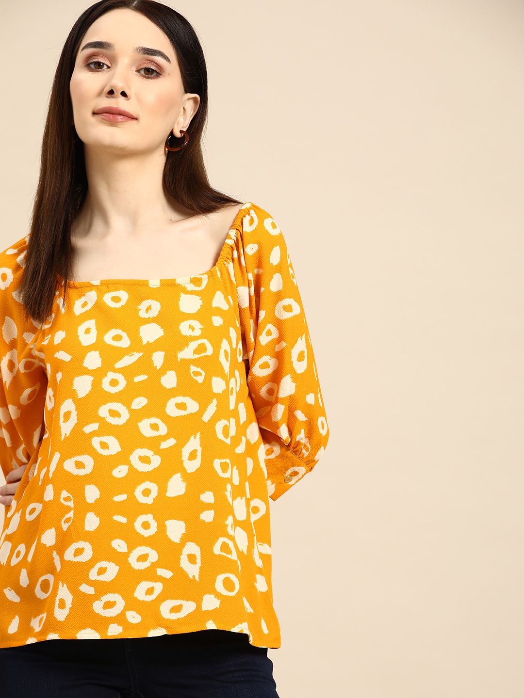 all about you Mustard Yellow & Off White Square Neck Printed Top Price in India