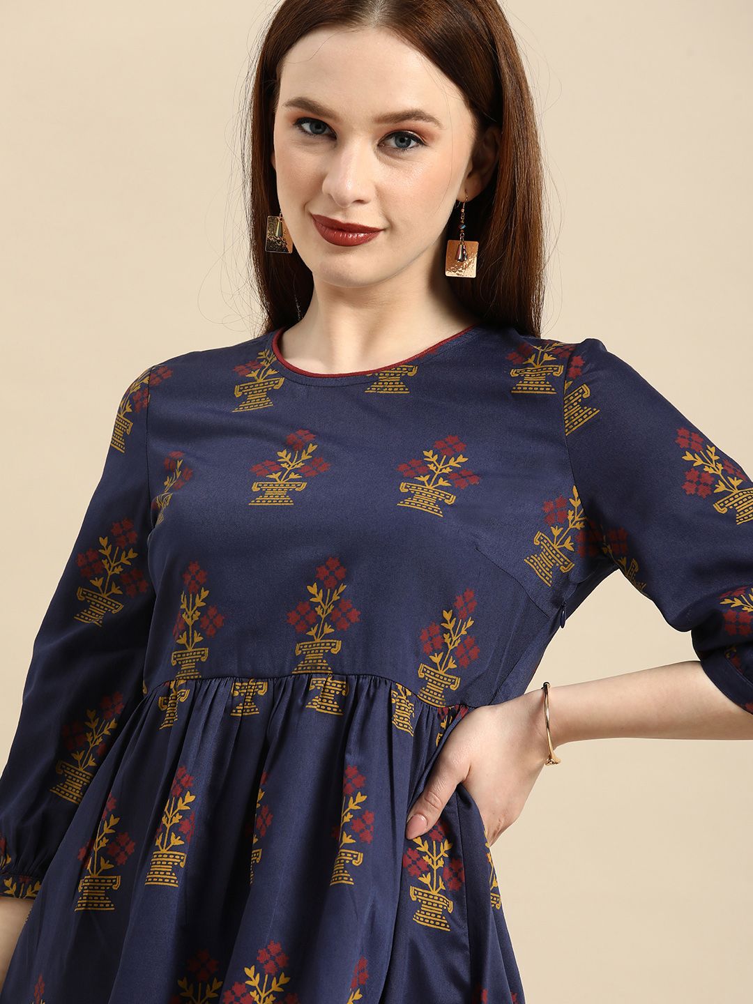 all about you Navy Blue Ethnic Motifs Printed Fit And Flare Midi Dress Price in India