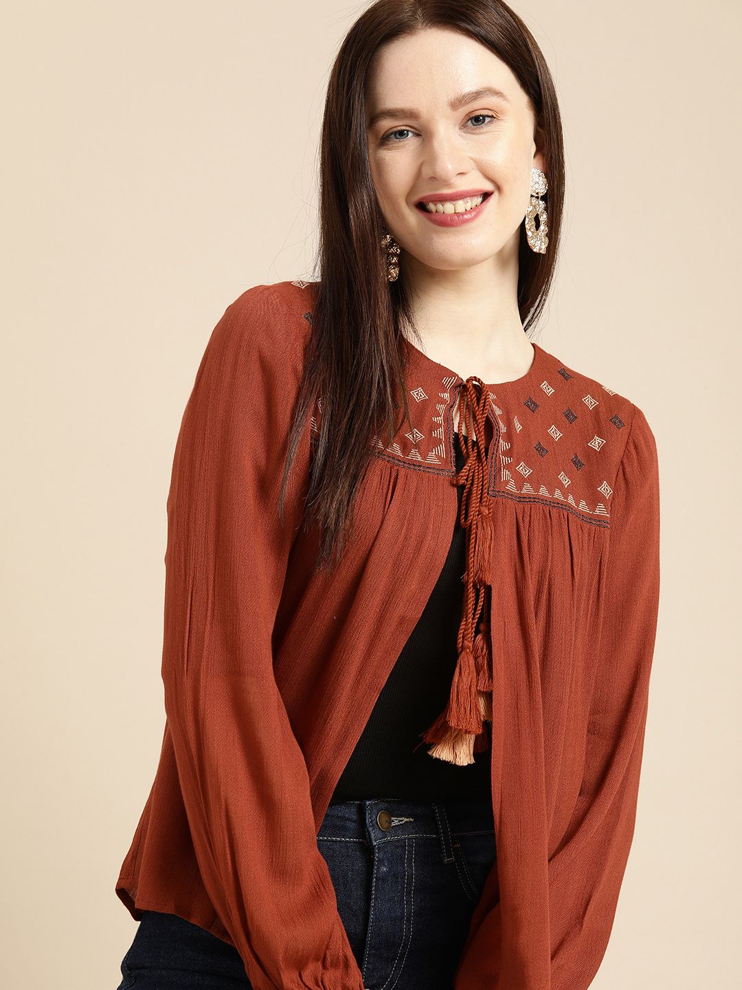 all about you Women Rust Orange Embroidered Tie-Up Shrug Price in India