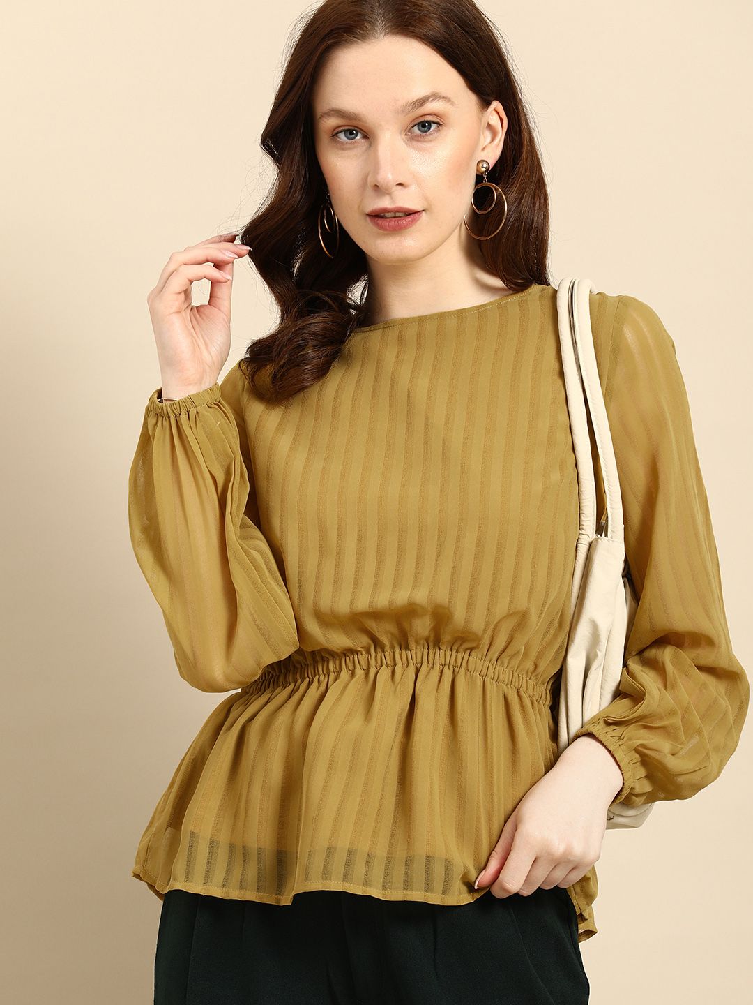 all about you Olive Green Vertical Stripes Boat Neck Bishop Sleeves Pleated Peplum Top