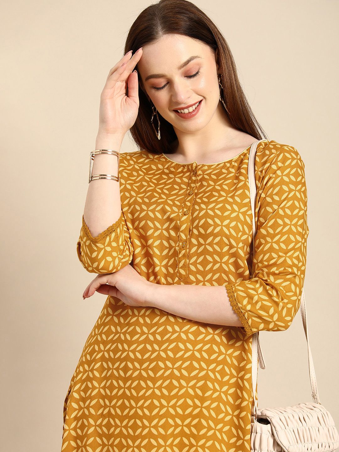 all about you Women Mustard Yellow Geometric Printed Regular Kurta Price in India