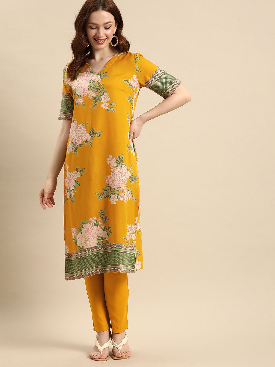 all about you Women Mustard Yellow Floral Printed Kurta with Trousers Price in India