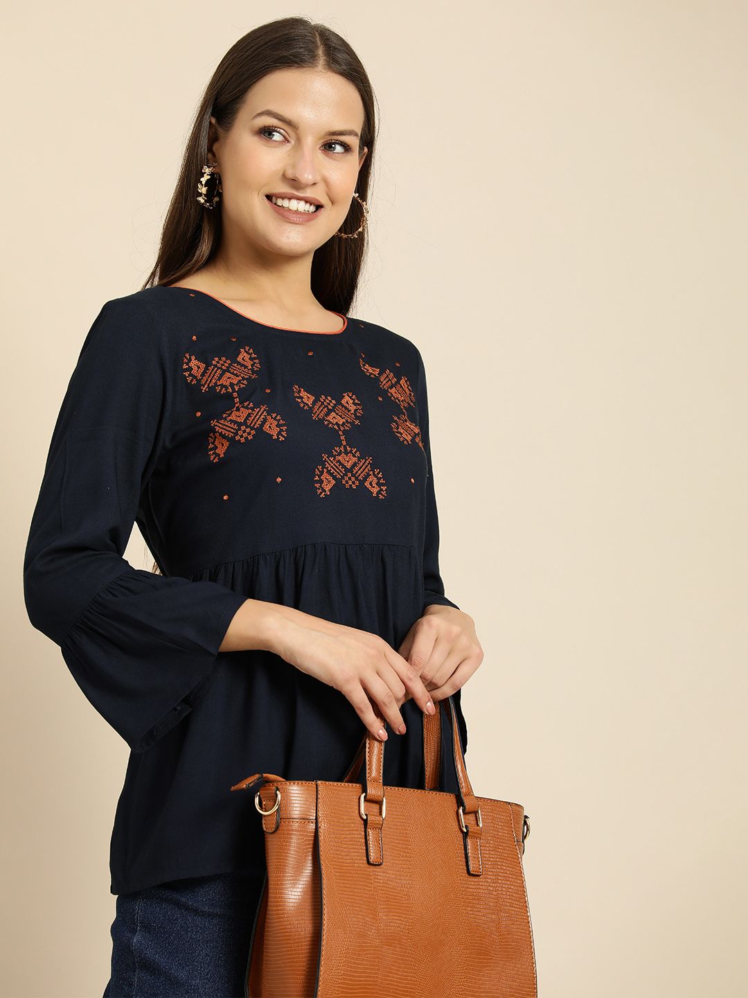 all about you Navy Blue Geometric Thread Work A-Line Kurti Price in India