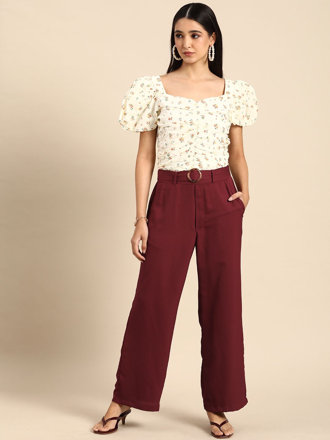 all about you Women Maroon Solid Parallel Trousers Price in India