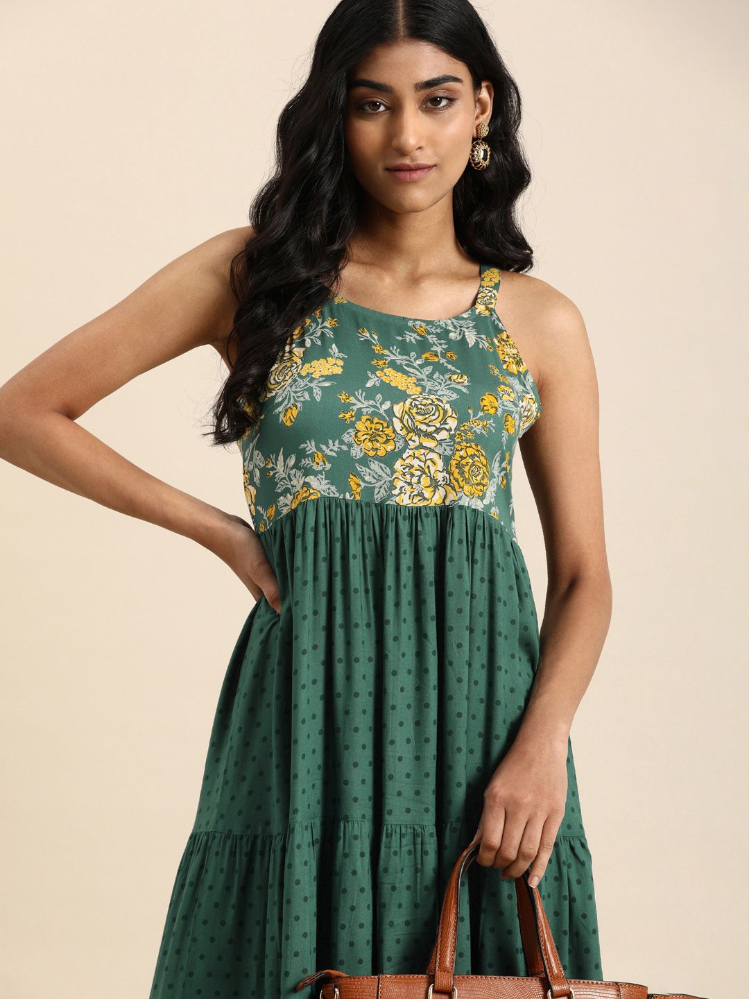 all about you Green Polka Dots & Floral Print Shoulder Straps Ruffles Tiered Maxi Dress Price in India