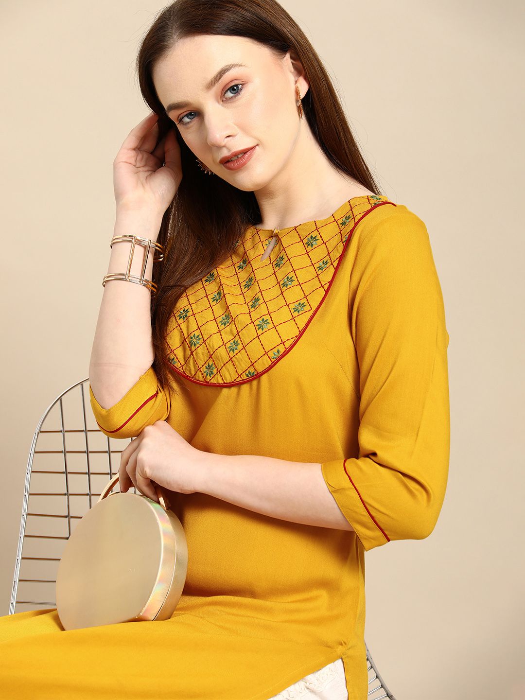 all about you Women Mustard Yellow Ethnic Motifs Yoke Design Keyhole Neck Straight Kurta Price in India