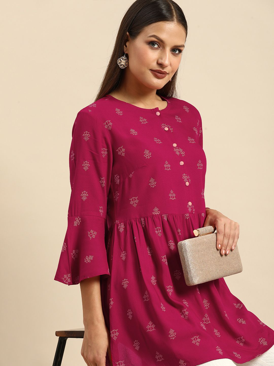 all about you Magenta Ethnic Motifs Printed Pleated Kurti Price in India