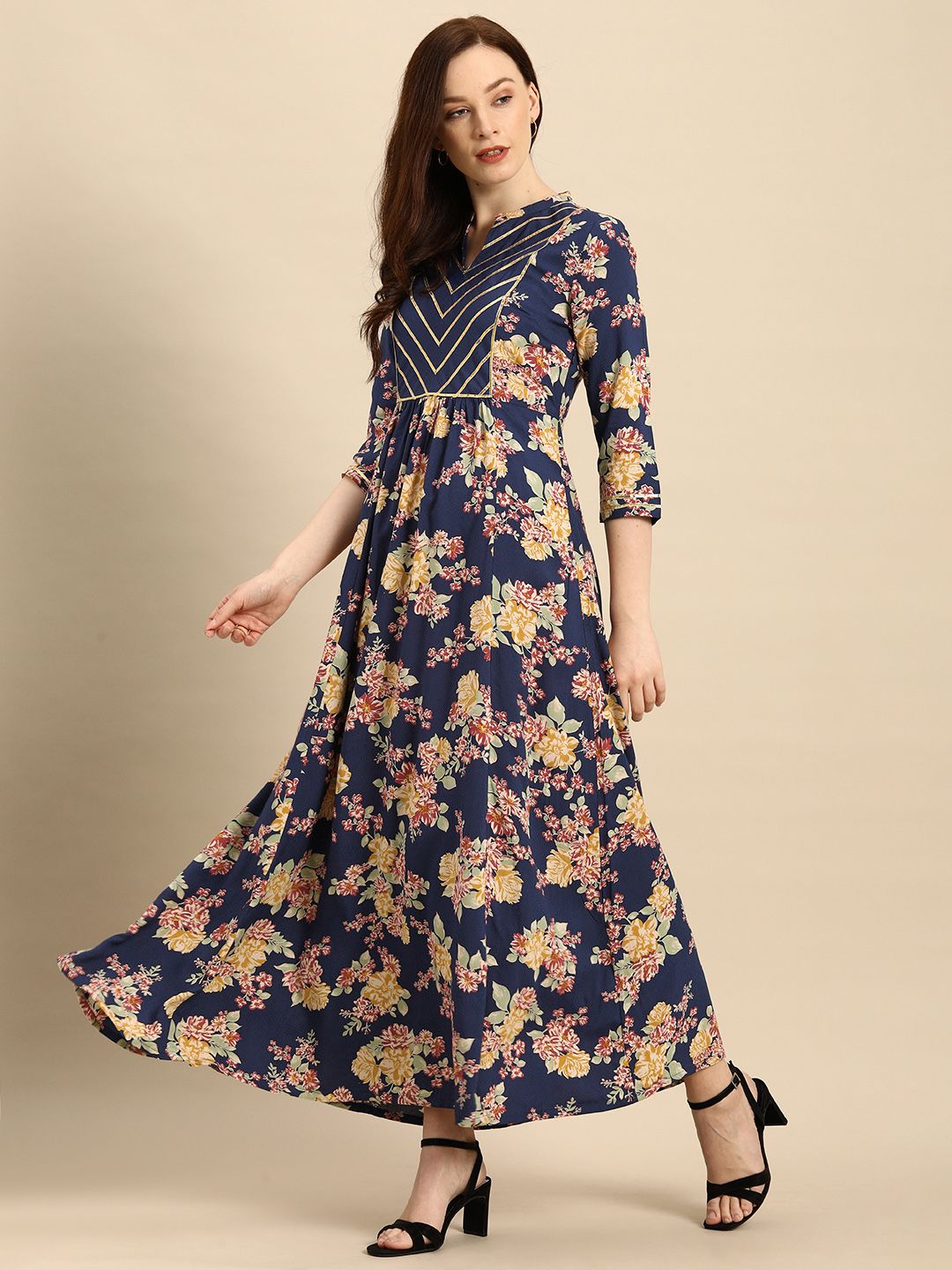 all about you Blue & Red Floral Printed Mandarin-Collar Maxi Dress Price in India