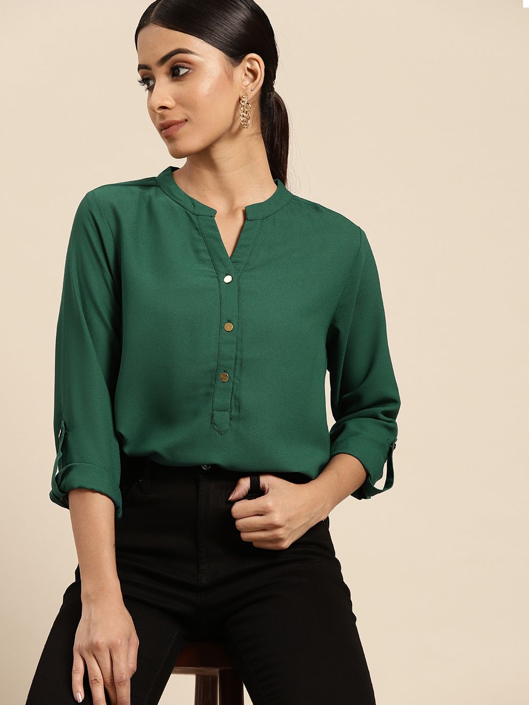 all about you Women Green Solid Shirt Style Top Price in India