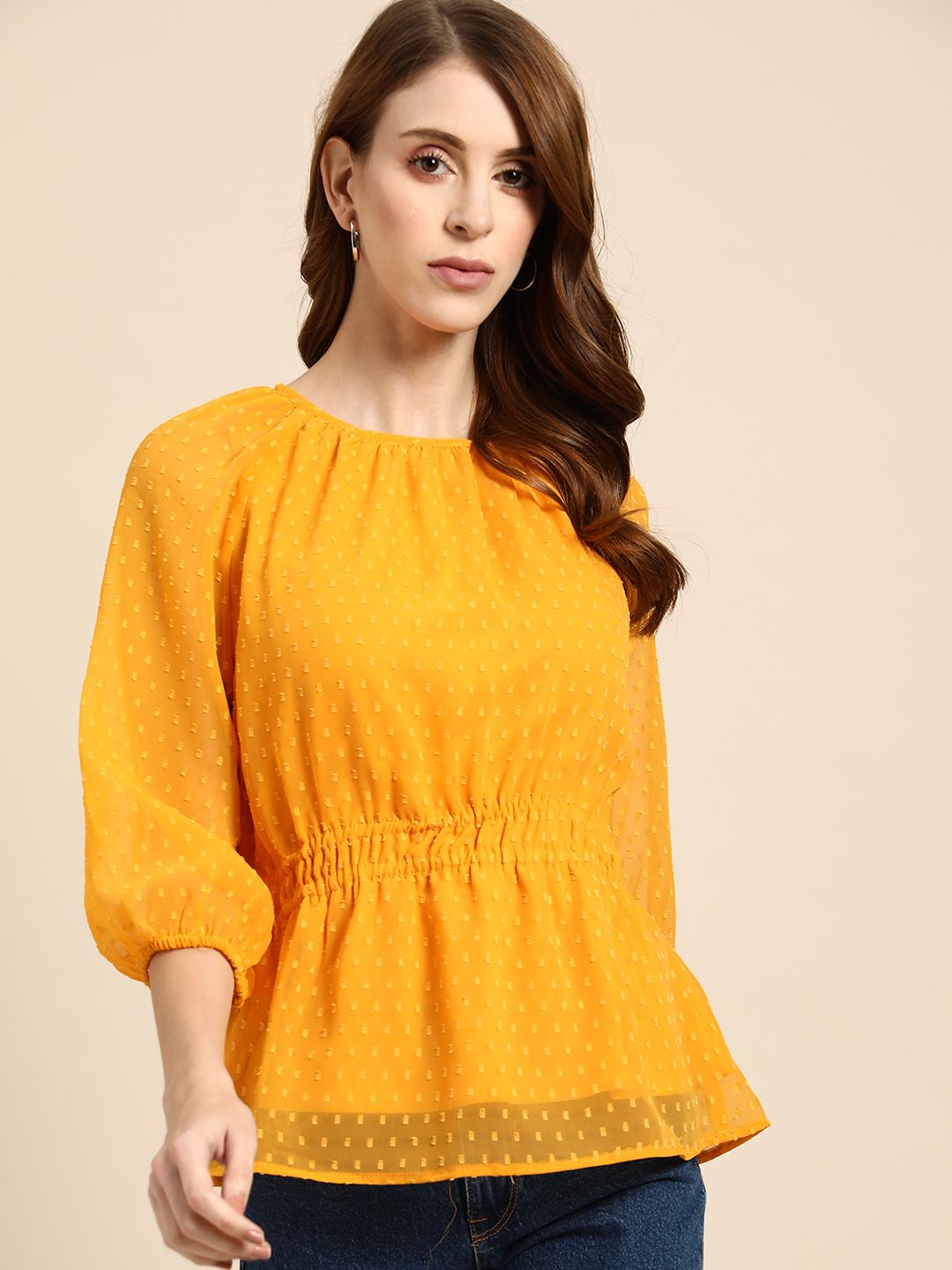 all about you Women Mustard Yellow Dobby Weave A-line Top with Double Waistline Detail Price in India