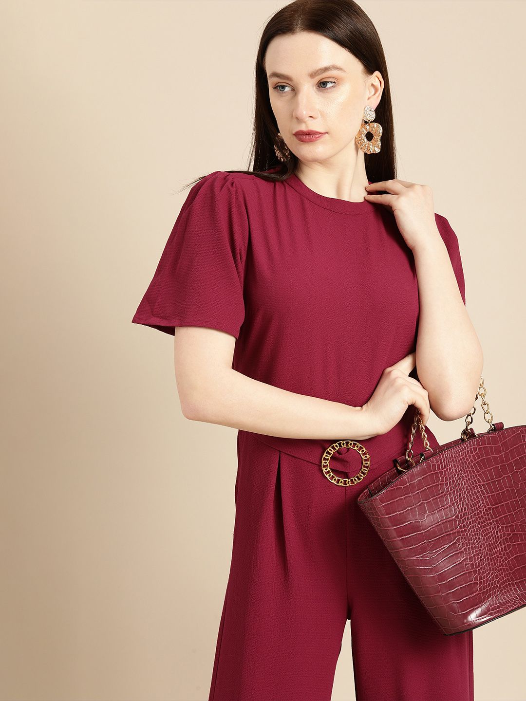 all about you Maroon Solid Culotte Jumpsuit With A Belt