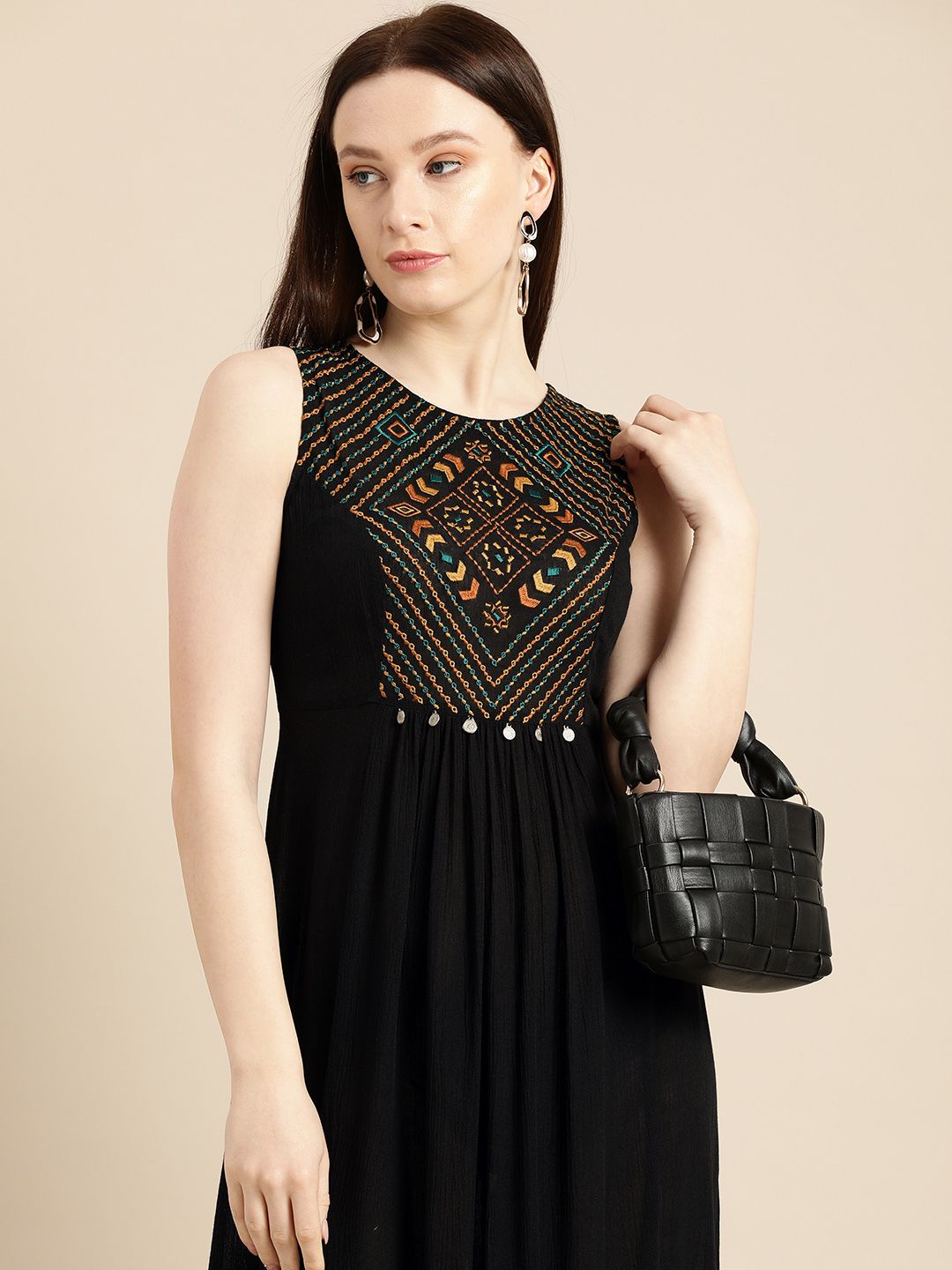 all about you Black & Orange Ethnic Motifs Embroidered A-Line Maxi Dress Price in India