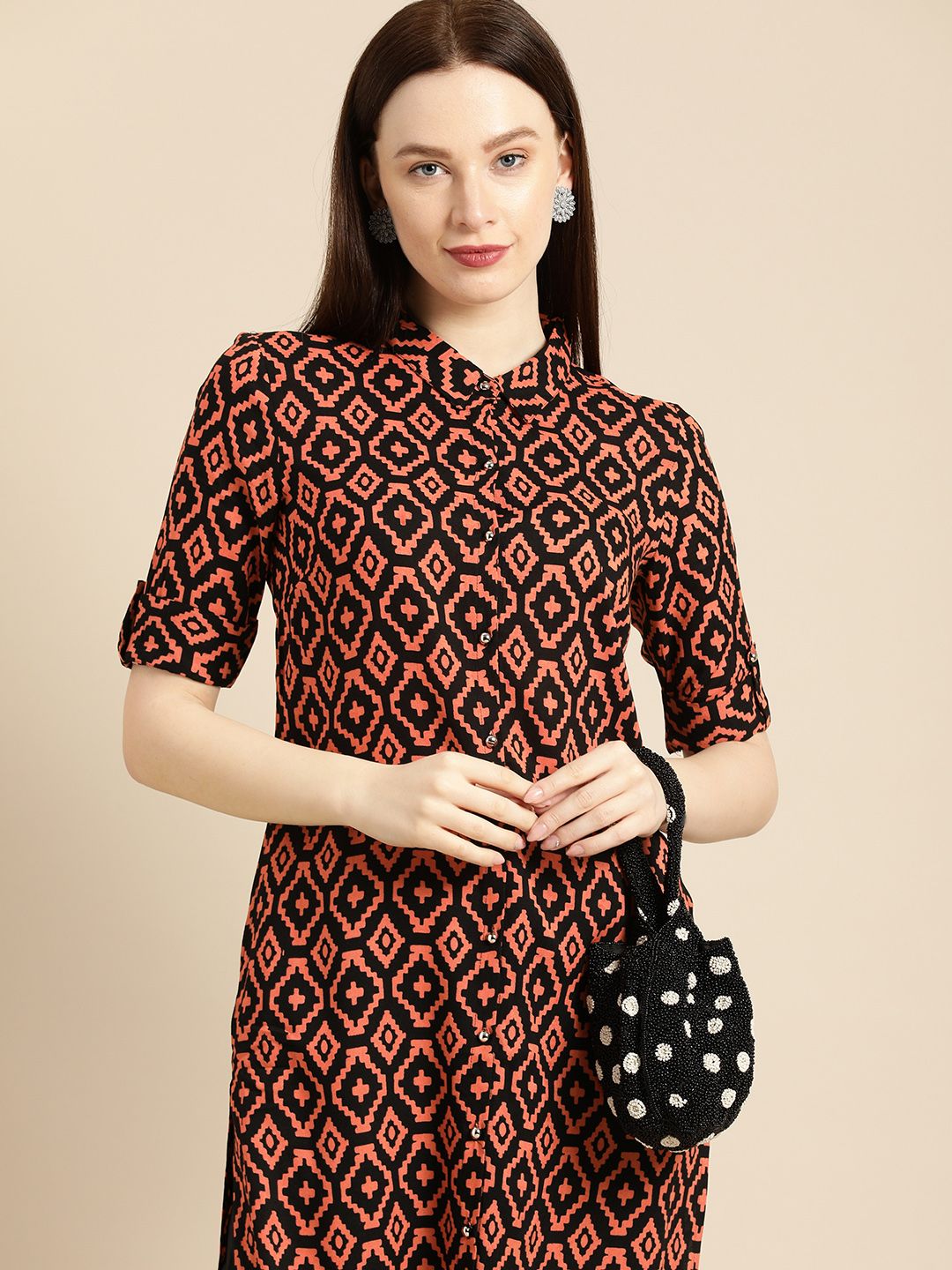 all about you Women Black & Peach-Coloured Ethnic Motifs Printed Kurta Price in India