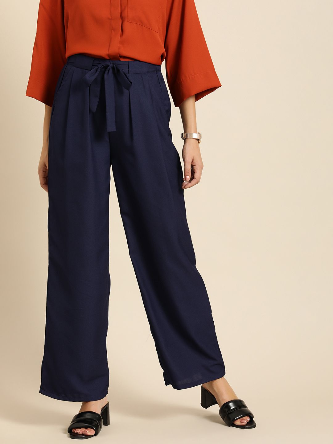 all about you Women Blue Solid High-Rise Trousers Price in India