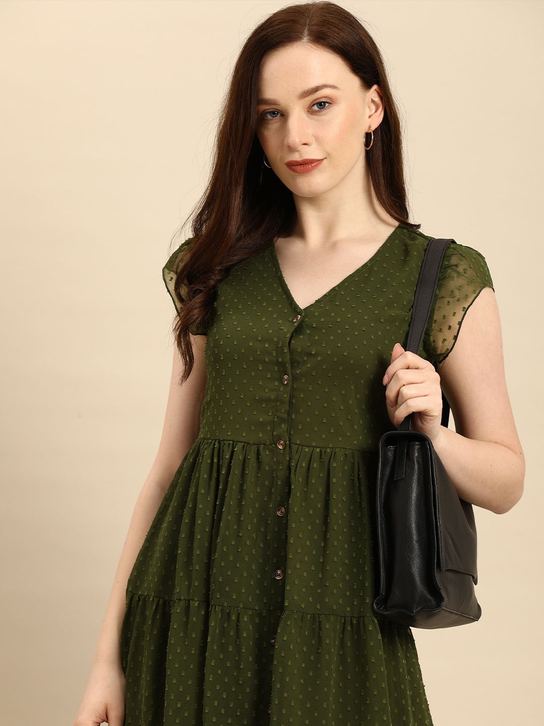 all about you Dark Olive Green Self Design V-Neck Tiered Dress Price in India