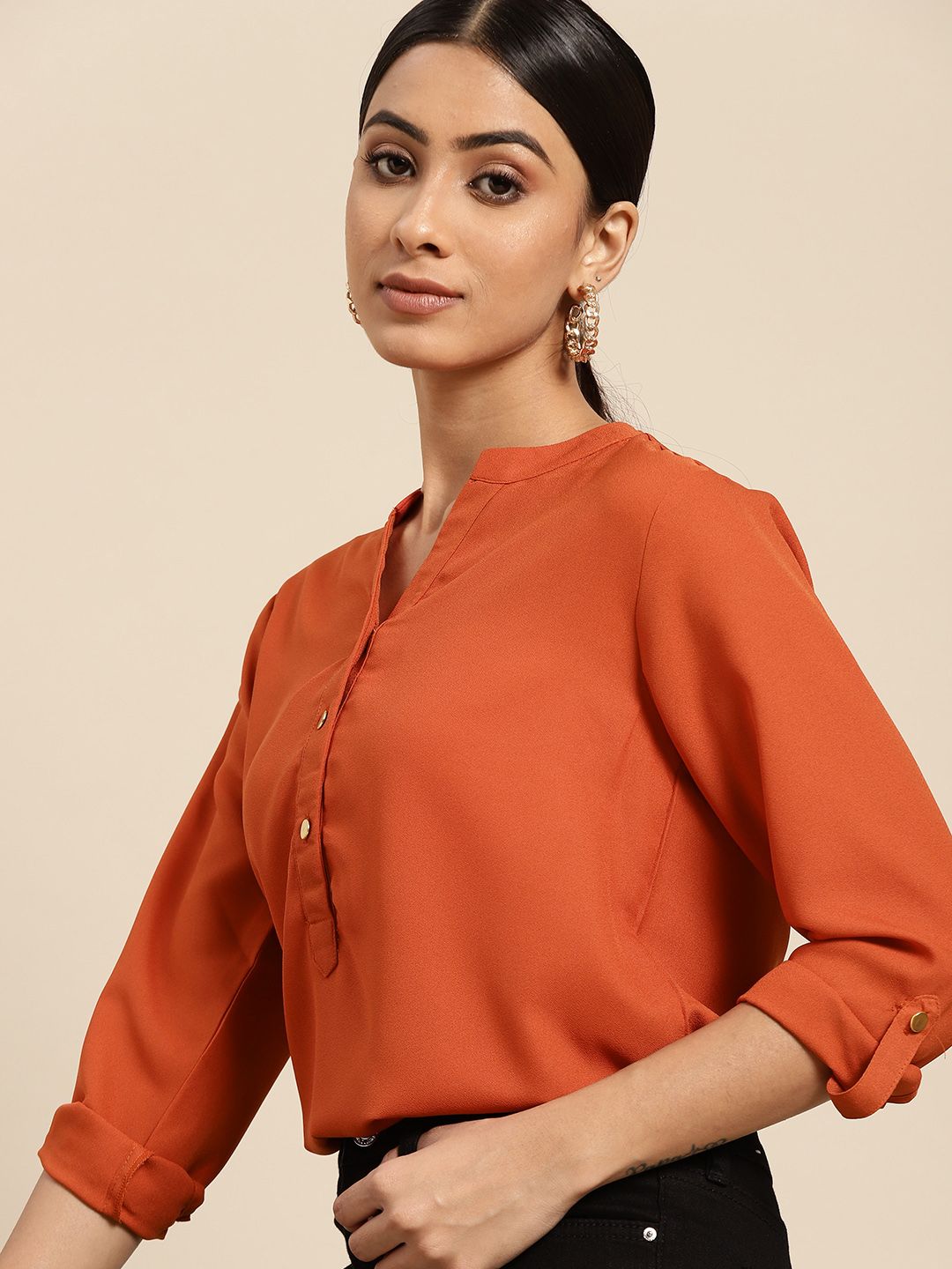 all about you Women Rust Orange Solid  Shirt Style Top Price in India